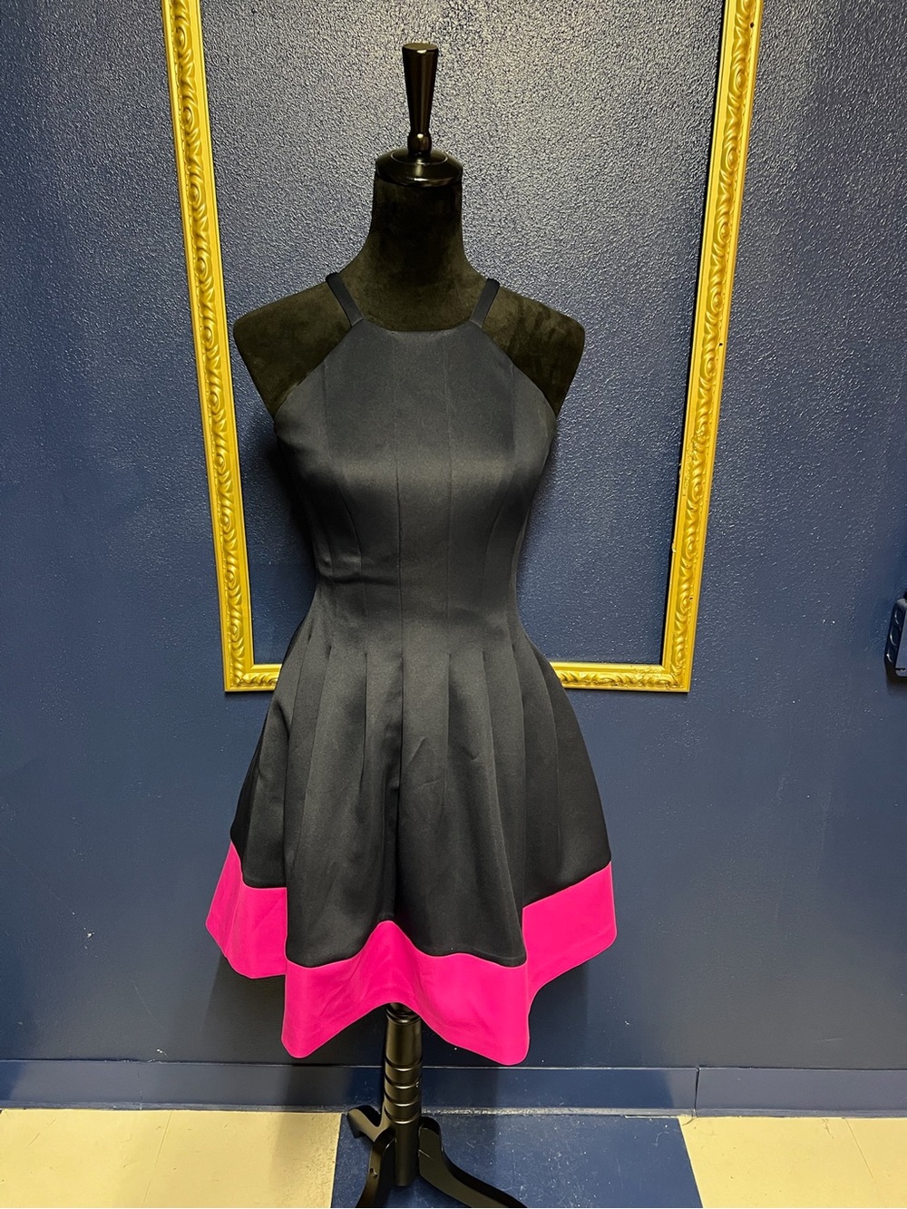 Vince Camuto Navy Halter Fit-and-Flare Dress with Pink Hem